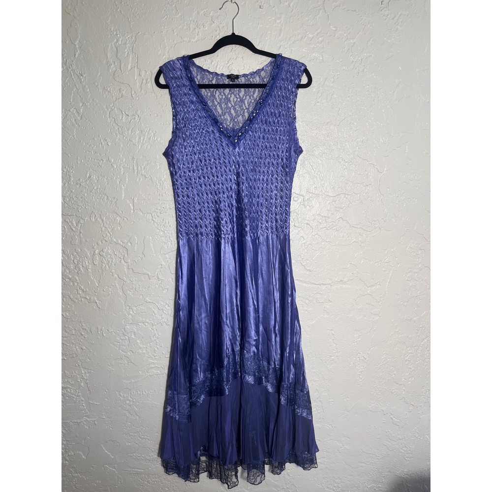 Komarov Blue Beaded Lace Midi Dress Women's Large Made in USA Sleeveless